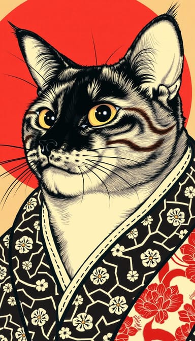 Japanese woodblock style cat portrait