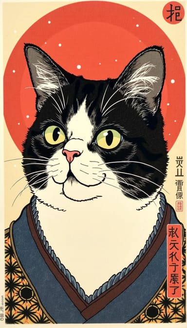 Japanese woodblock style cat portrait