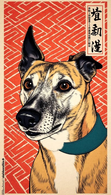 Japanese woodblock style dog portrait